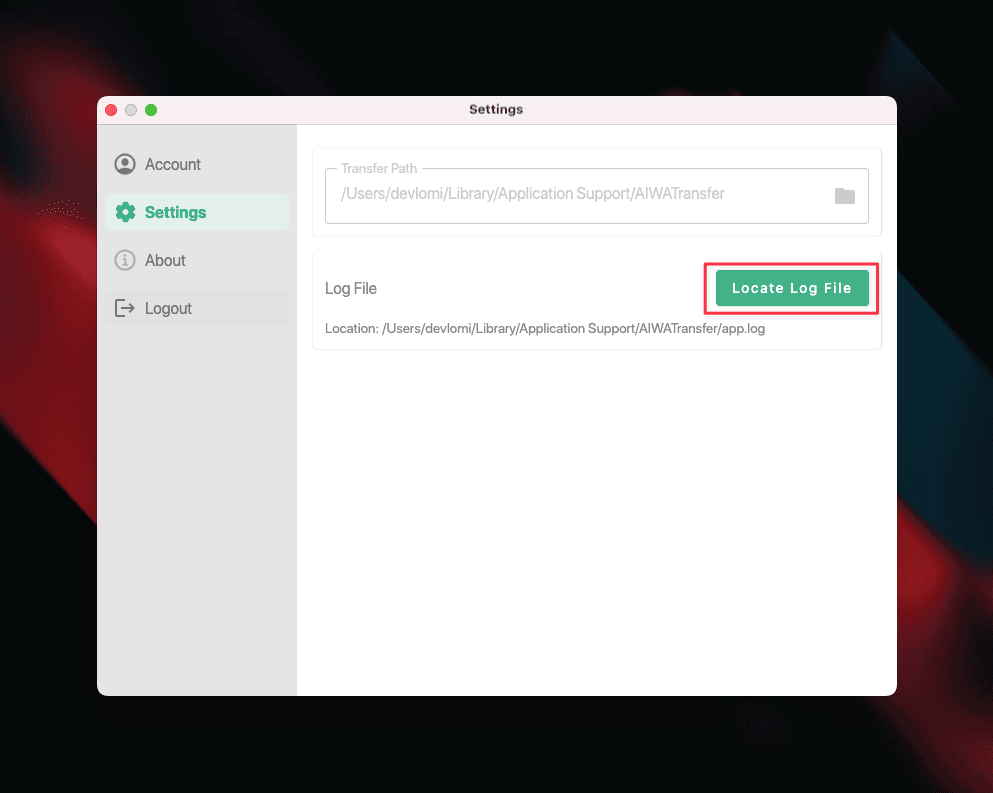 AIWATransfer locate log file button in settings